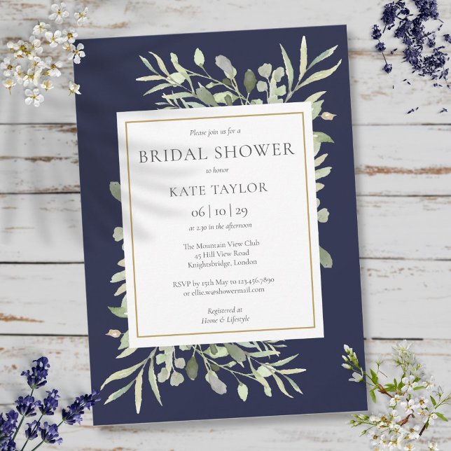 Convites Chuva de Noiva Azul Marinho Elegante com Verde e D (Elegant Navy Blue Gold Greenery Bridal Shower Invitation)