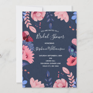 Convites Chuva de Noiva Azul Marinho Floral Rosa Letras Bra