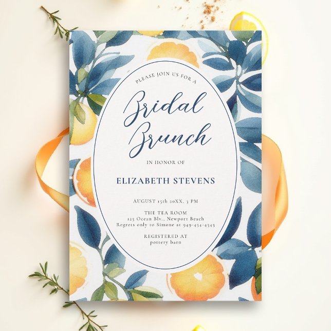 Convites Chuva de Noiva Azul Moderno Aquarela Citrino Laran (bridal brunch invitation card template citrus orange lemon grapefruit summer fruit blue tile italian)