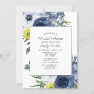Convites Chuva de Noiva Azul Naval Amarelo Branco Floral