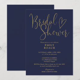 Convites Chuva de Noiva Azul Ouro Moderno Elegante Script