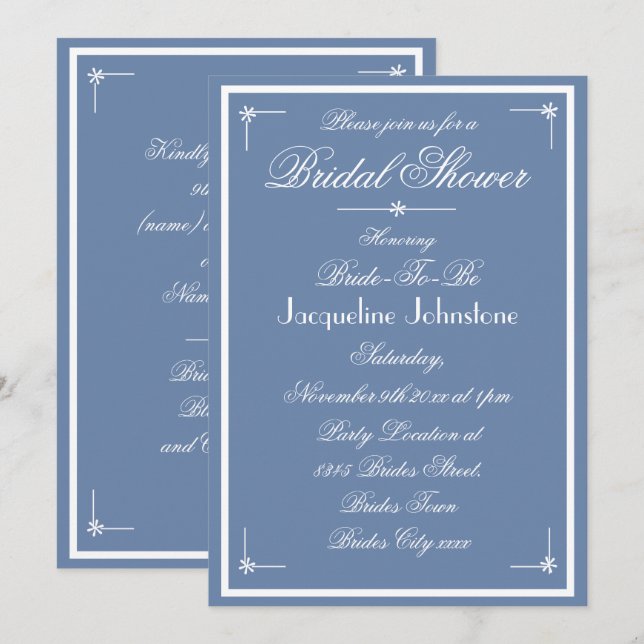 Convites Chuva de Noiva Azul Poeira Branco Script Casamento (Frente/Verso)