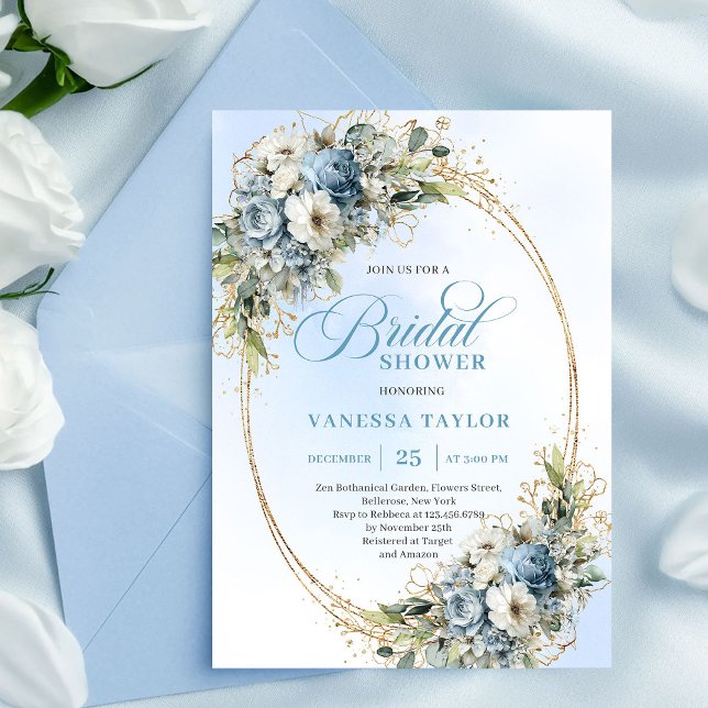 Convites Chuva de Noiva Azul Poeirento Elegante com Verde e (Elegant Dusty Blue Greenery Gold Bridal Shower Invite)