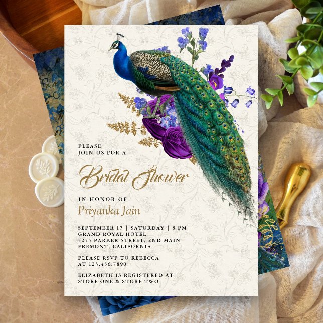 Convites Chuva de Noiva Azul Real Roxo Floral (Criador carregado)
