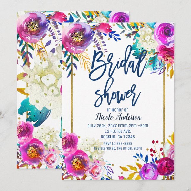 Convites Chuva de Noiva Azul Script Bold Floral Aquarela (Frente/Verso)