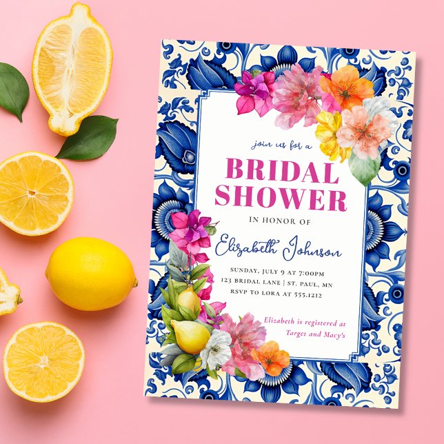 Convites Chuva de Noiva Azulejo Floral Cítrico (Citrus Floral Blue Tile Bridal Shower Invitation)