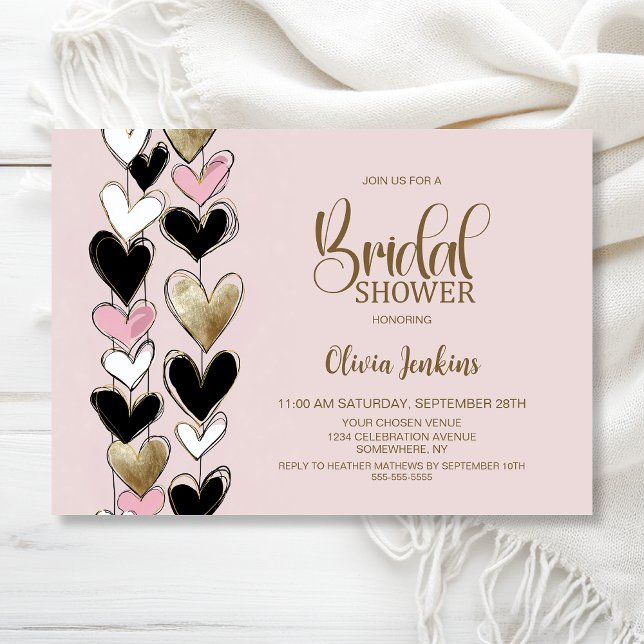 Convites Chuva de Noiva Black Pink Gold Hearts (Criador carregado)