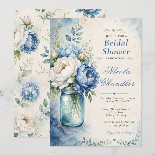 Convites Chuva de Noiva Blue Peony (Frente/Verso)