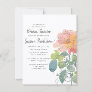 Convites Chuva de Noiva Boho Floral Aquarela Coral Rosa
