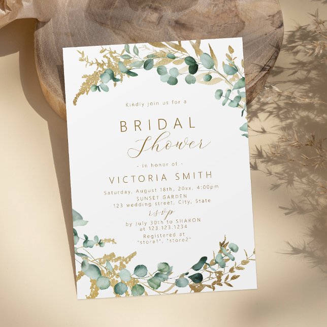 Convites Chuva de noiva boho rústica com eucalipto dourado (Rustic eucalyptus gold greenery boho bridal shower invitation)