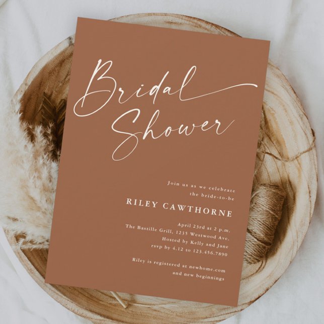 Convites Chuva de Noiva Boho Terracota Rótulo Moderno (Modern script terracotta boho bridal shower invitation.)