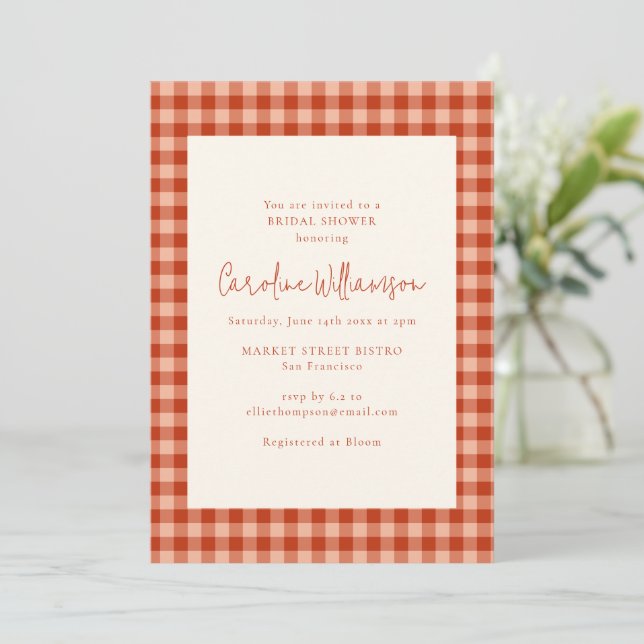 Convites Chuva de Noiva Boho Terracota Xadrez Gingham (Em pé/Frente)