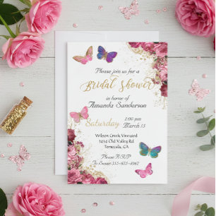 Convites Chuva de Noiva Bonito Chic Floral Borboleta Rosa