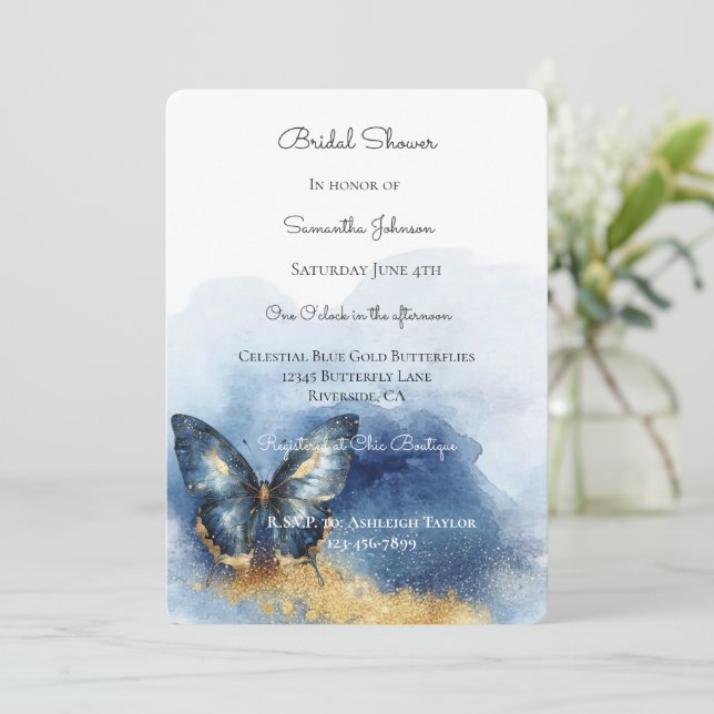 Convites Chuva de Noiva Borboleta Azul Celeste Dourado   (Em pé/Frente)