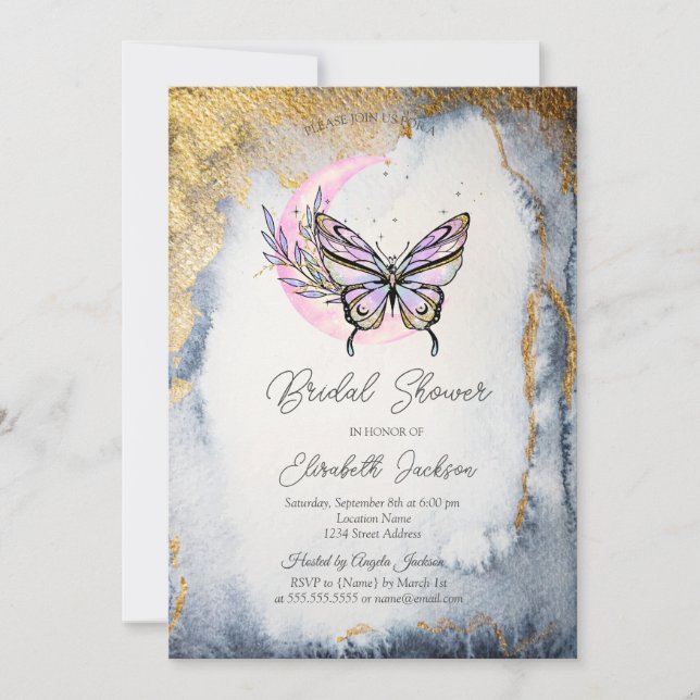 Convites Chuva de Noiva Borboleta Floral Lunar Celestial (Frente)