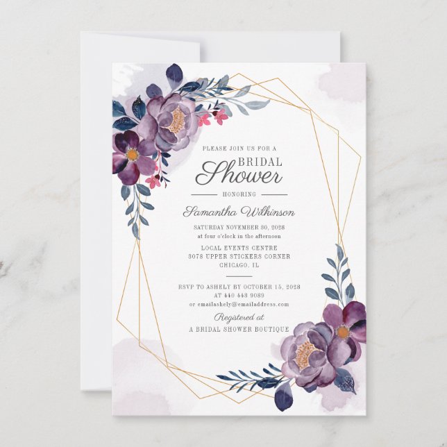 Convites Chuva de Noiva Botânica Geométrica Floral Roxa (Frente)