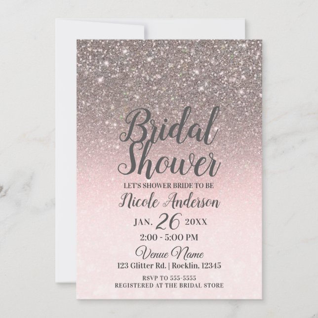 Convites Chuva de Noiva Brilho Prateado e Rosa Blush (Frente)