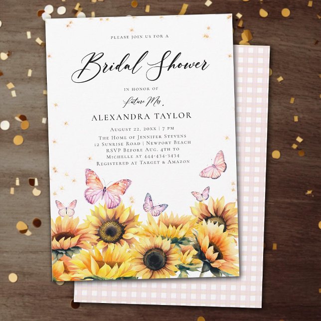 Convites Chuva de Noiva Campo de Girassóis Borboletas Rústi (sunflowers butterflies rustic bridal shower invitation elegant boho romantic modern backyard garden)