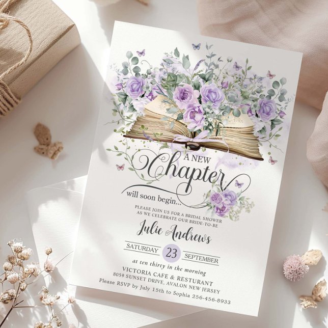 Convites Chuva de Noiva Capítulo Novo Flor de Lilás Roxo (purple-lilac-floral-butterflies-vintage-book-a-new-chapter-will-soon-begin-bridal-shower-invitation)
