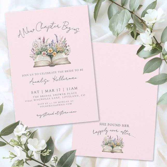 Convites Chuva de Noiva Capítulo Novo Flor Silvestre Rosa (Book New Chapter Pink Wildflower Bridal Shower Invitation)