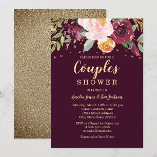 Convites Chuva de Noiva Casal Brilho Floral Dourado Borgonh