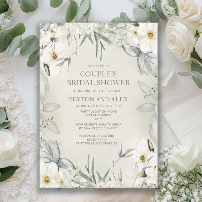 Convites Chuva de Noiva Casal Floral Branco Verde Salvia (White flowers and sage green leaves couple's bridal shower invitation)