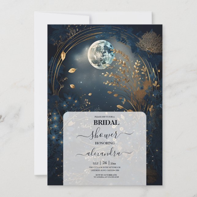 Convites Chuva de Noiva Celestial Dourado Azul da Meia-Noit (Frente)