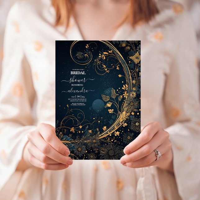 Convites Chuva de Noiva Celestial Dourado Azul Meia-Noite (Criador carregado)
