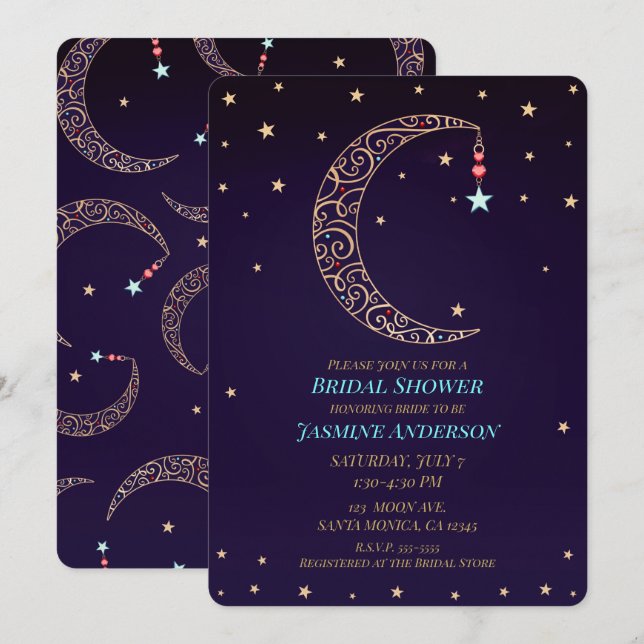 Convites Chuva de Noiva Celestial Lua em Fio de Ouro Roxo (Frente/Verso)