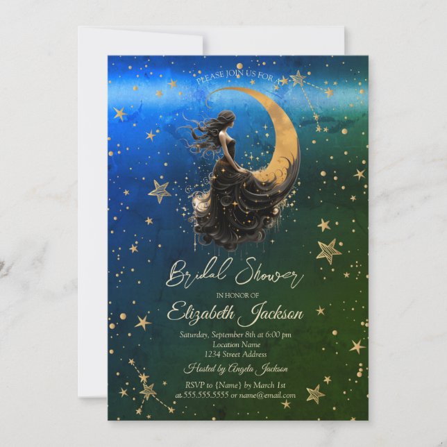 Convites Chuva de Noiva Celestial Lua,Menina,Estrelas Ombre (Frente)