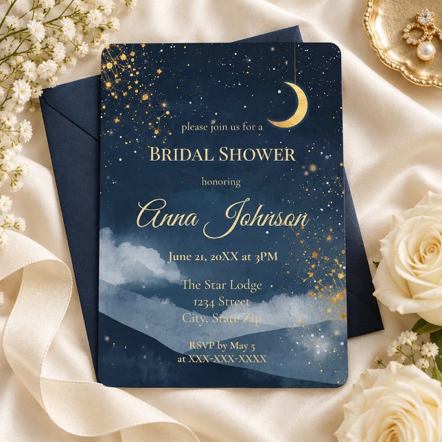 Convites Chuva de Noiva Celestial Navy Dourado Lua e Estrel (Criador carregado)