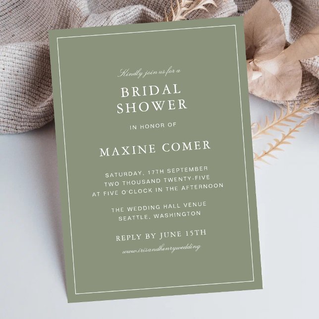 Convites Chuva de Noiva Clássica em Verde Poeirento com Let (Classic dusty green bridal shower invitations create a warm and elegant celebration atmosphere.)