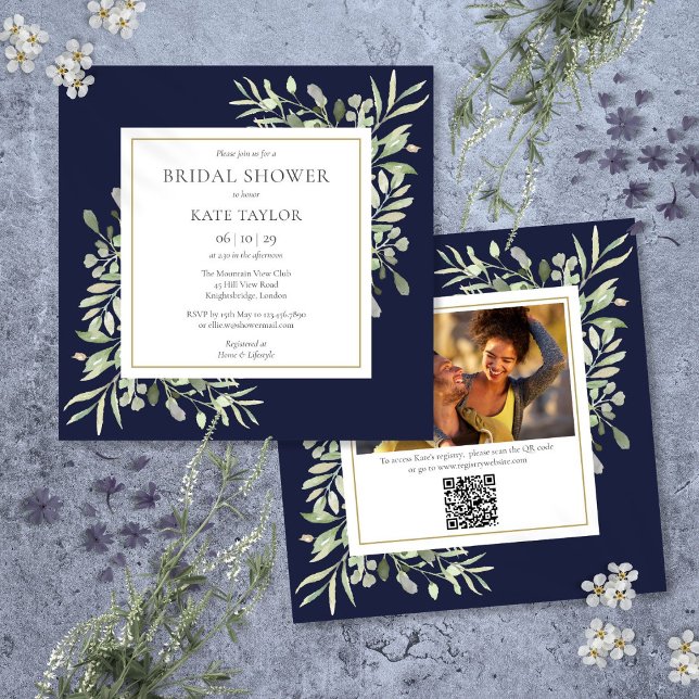Convites Chuva de Noiva Código QR de Foto Azul Marinho Vege (Navy Blue Greenery Photo QR Code Bridal Shower Invitation)