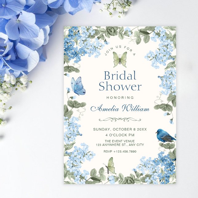 Convites Chuva de noiva com borboletas de ramo floral azul  (Criador carregado)