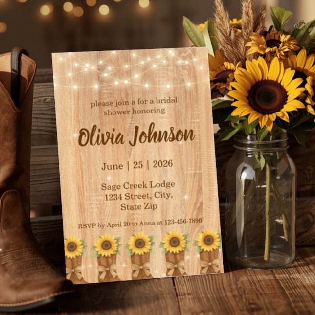 Convites Chuva de Noiva com Bota de Cowboy e Girassol Rústi (Rustic country bridal shower invitation featuring sunflowers, cowboy boots, and twinkle lights.)