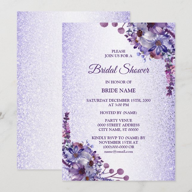Convites Chuva de Noiva com Brilho Floral Azul Roxo Rosa (Frente/Verso)
