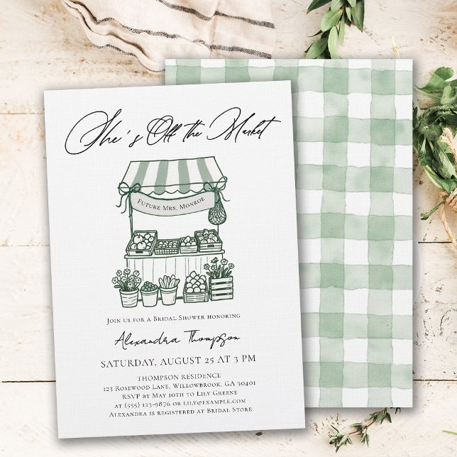 Convites Chuva de Noiva com Caligrafia Moderna Fora do Merc (off the market bridal shower invitation farmers stand hand drawn modern elegant calligraphy)