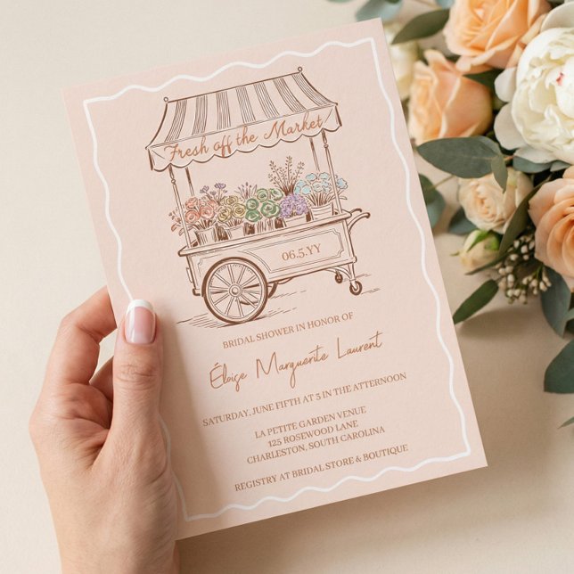 Convites Chuva de Noiva com Carrinho Floral Fresh Off The M (Fresh Off The Market Floral Cart Bridal Shower Invitation)