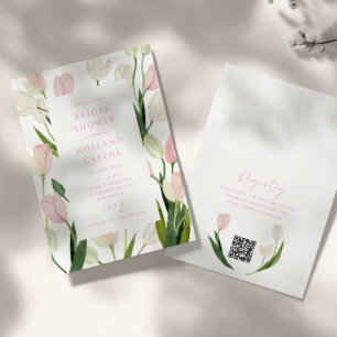 Convites Chuva de Noiva com Código QR de Tulipa Rosa Suave