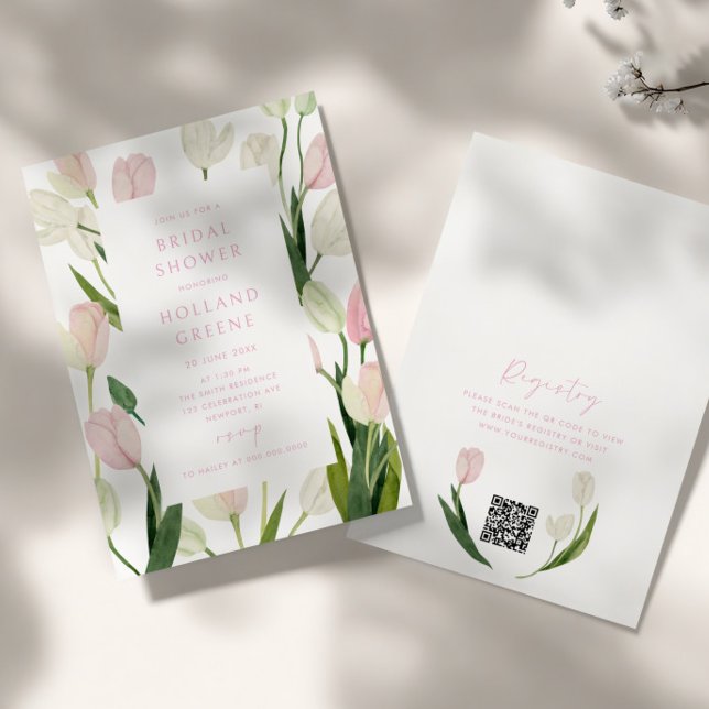 Convites Chuva de Noiva com Código QR de Tulipa Rosa Suave (Criador carregado)