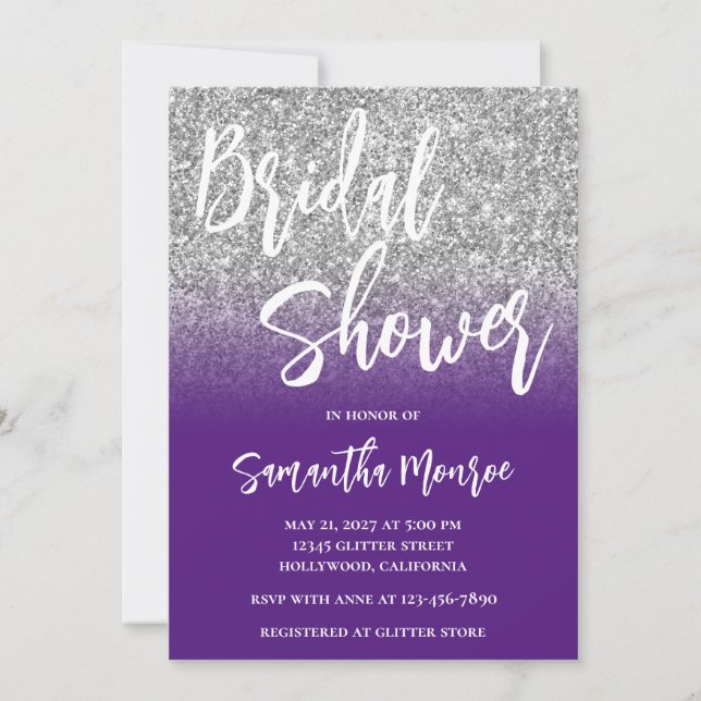 Convites Chuva de Noiva com Código QR em Ombre Roxo e Brilh (Frente)