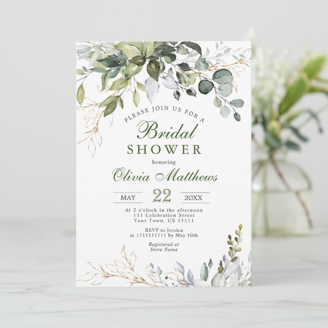 Convites Chuva de Noiva com Eucalipto em Aquarela (Em pé/Frente)