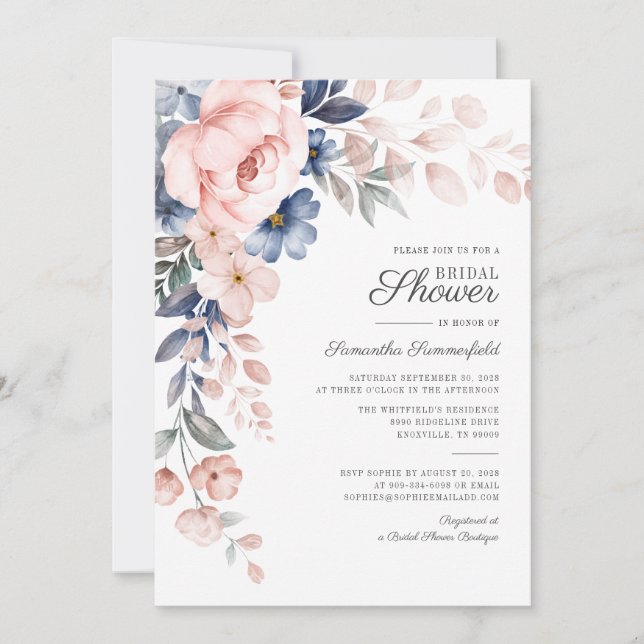 Convites Chuva de Noiva com Flor de Água Rosa Script (Frente)