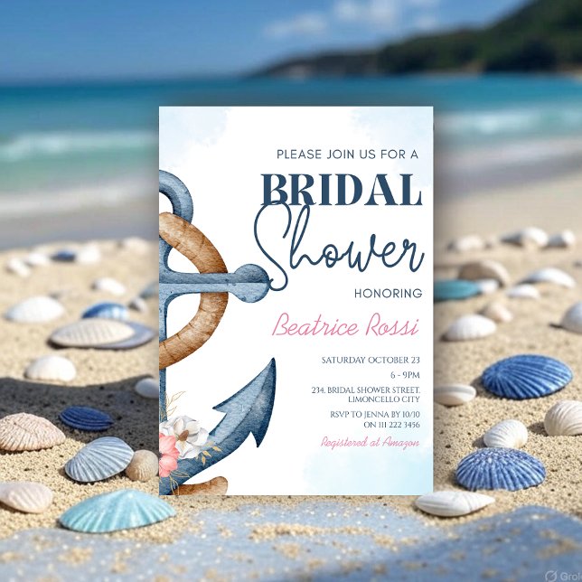 Convites Chuva de Noiva com Floral Náutico e Listras de Ânc (Nautical Floral Anchor Stripe Bridal Shower Invitation)