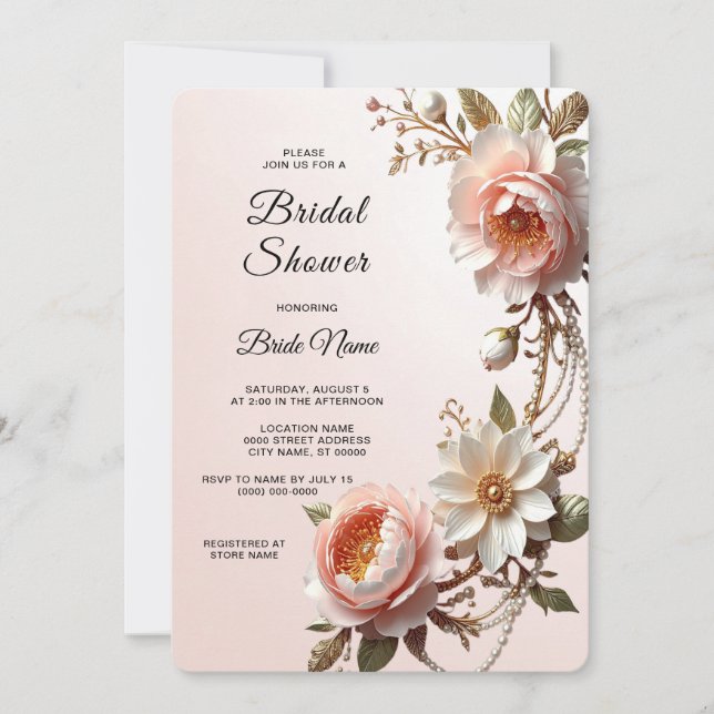 Convites Chuva de Noiva com Flores Decorativas Rosa e Branc (Frente)