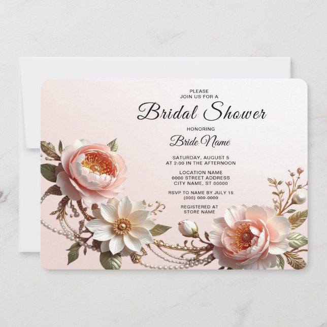 Convites Chuva de Noiva com Flores Decorativas Rosa e Branc (Frente)