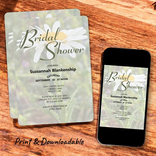 Convites Chuva de Noiva com Foto de Margarida Shasta Branca (print and downloadable front and back floral photo invitation )