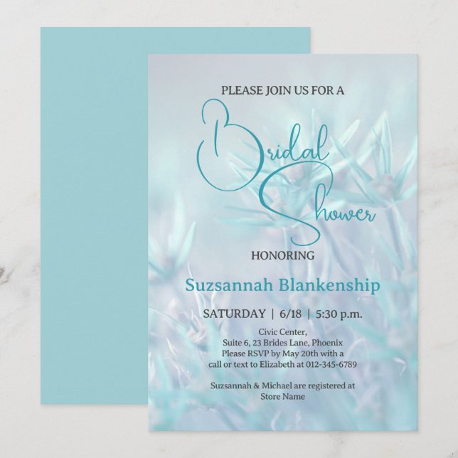 Convites Chuva de Noiva com Fundo Floral em Azul Pastel (Frente/Verso)