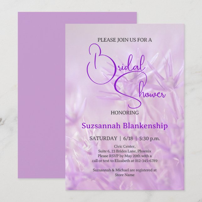 Convites Chuva de Noiva com Fundo Floral Roxo Pastel (Frente/Verso)
