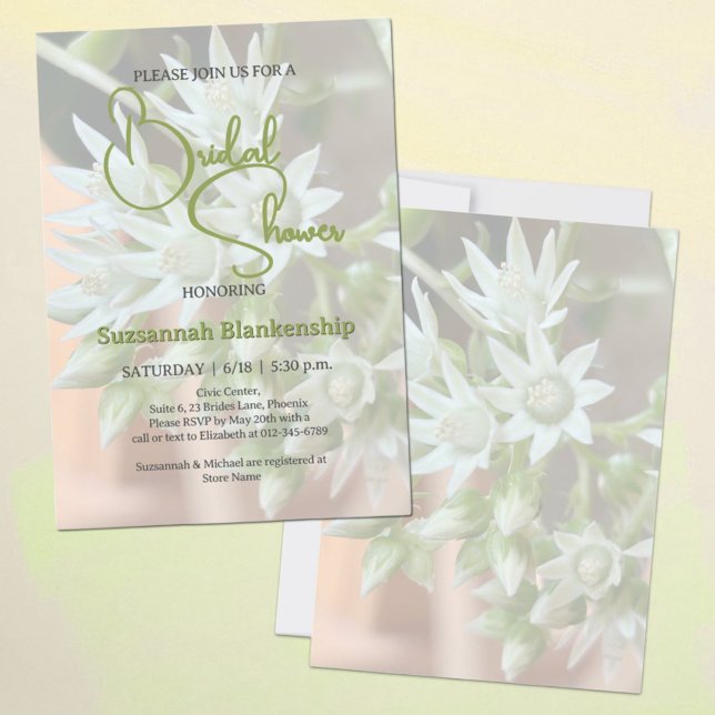 Convites Chuva de Noiva com Fundo Floral Suculento Sutil (template bridal shower invitation front and back)